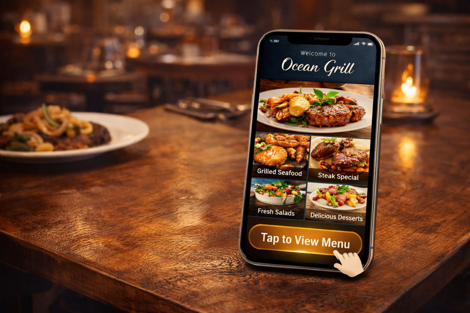 Mobile phone on restaurant table showing a scrolling digital menu